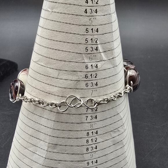 Purple Marbled Glass Bracelet Silver Tone Artisan - Picture 5 of 8